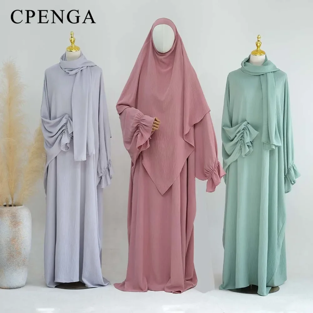 2024 New Ramadan Prayer Dress Muslim Women Plain Hijab Abaya Female Eid Islam Khimar and Robe Sets Turker Modest Dresses