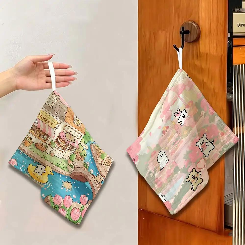 Kawaii Line Dog Multi-scene Polyester Cotton Towel, Hanging Hand Wiping Cloth for Kitchen Bathroom Hotel