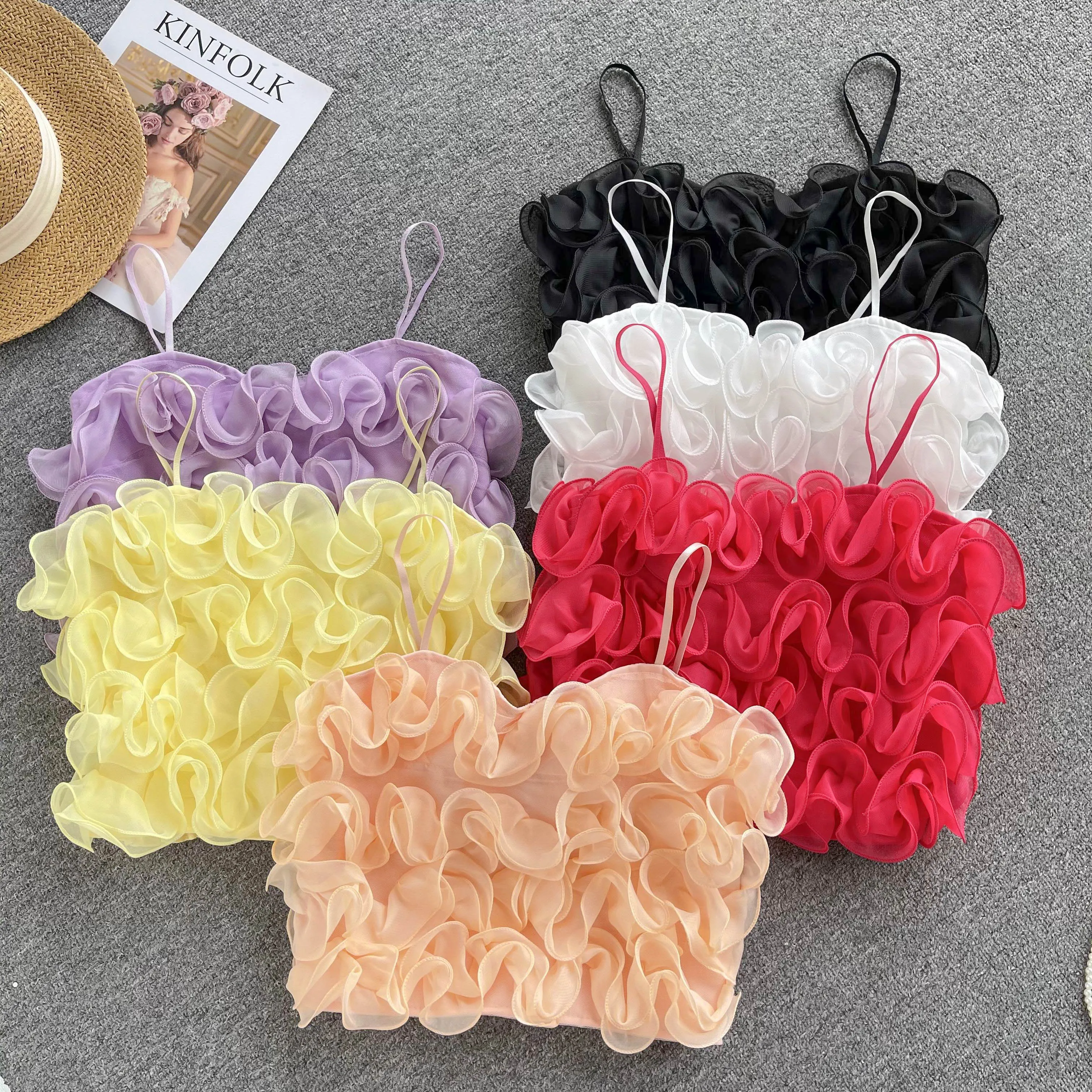 

Summer Women Heavy Chiffon Mesh Three-dimensional Flower High Waist Short Camisole Vest Pure Ruffles Chest Wrapping Top