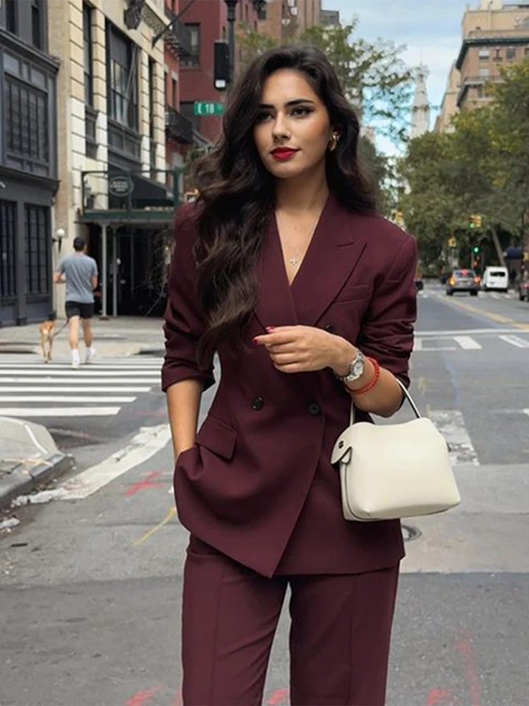 Women's Burgundy Suits Elegant Office Lapel Double Breasted Full Sleeve Blazers Loose Pants Female Sets 2025 Spring Lady Outfits