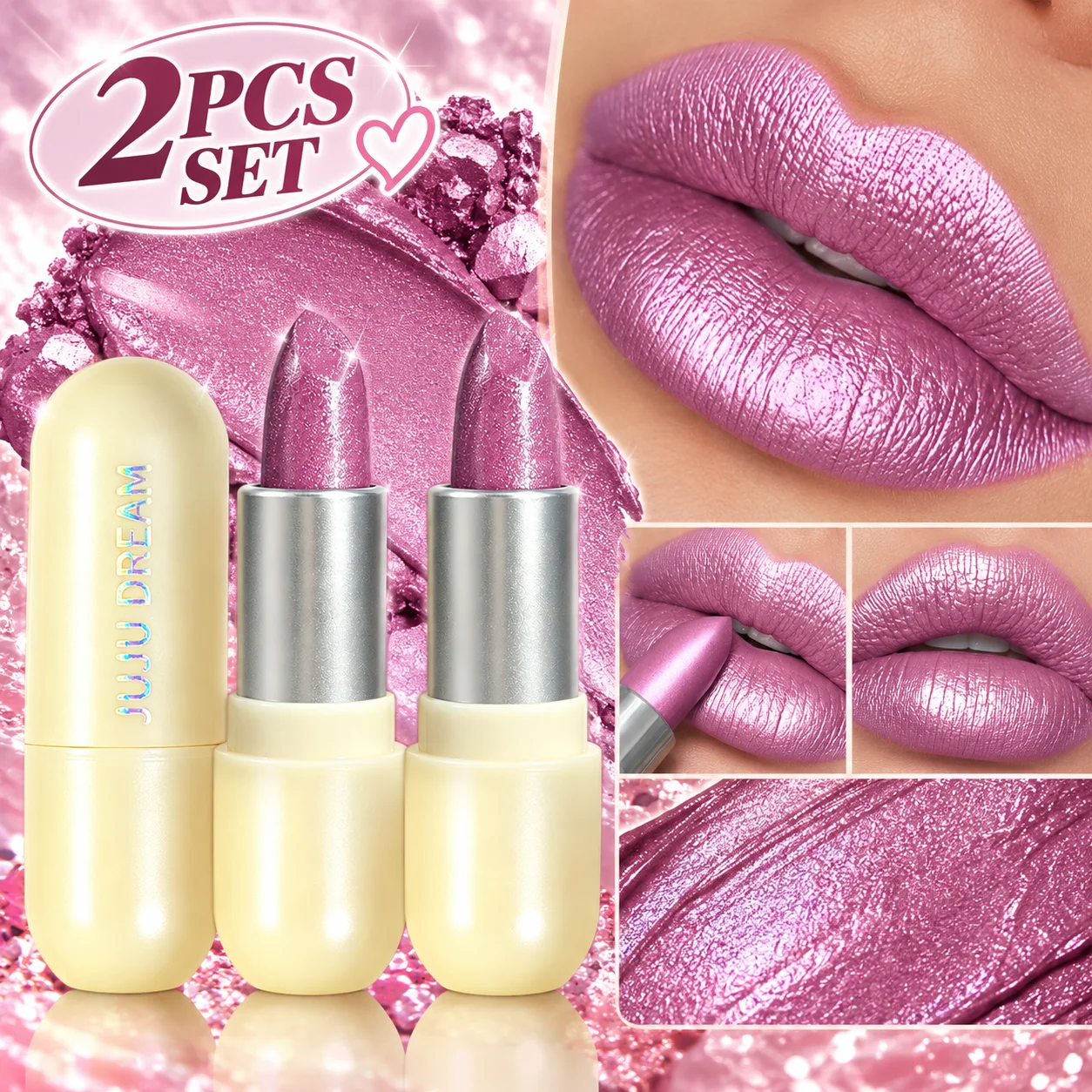 2PCS Lavender Pink Shimmer Lipstick Metallic Pearl Lip Color Glossy Sparkle Mauve Pink Lip Makeup for Women