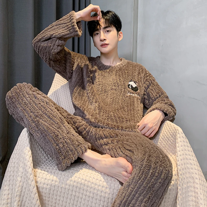 Vintage Panda Cartoon Cute Letter Print Pajamas Set for Men Cotton Causal Outside New Homewear Autumn Winter Crew Neck Nightwear