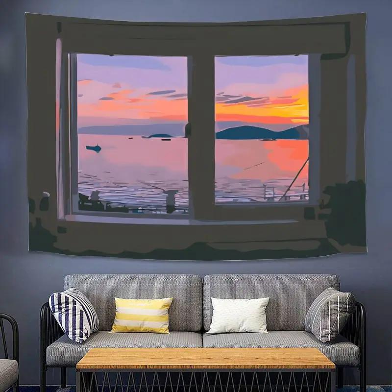 VIKAMA Fake Window Landscape Tapestry, Visual Effect Window Landscape Painting Tapestry, Living Room Home Decor