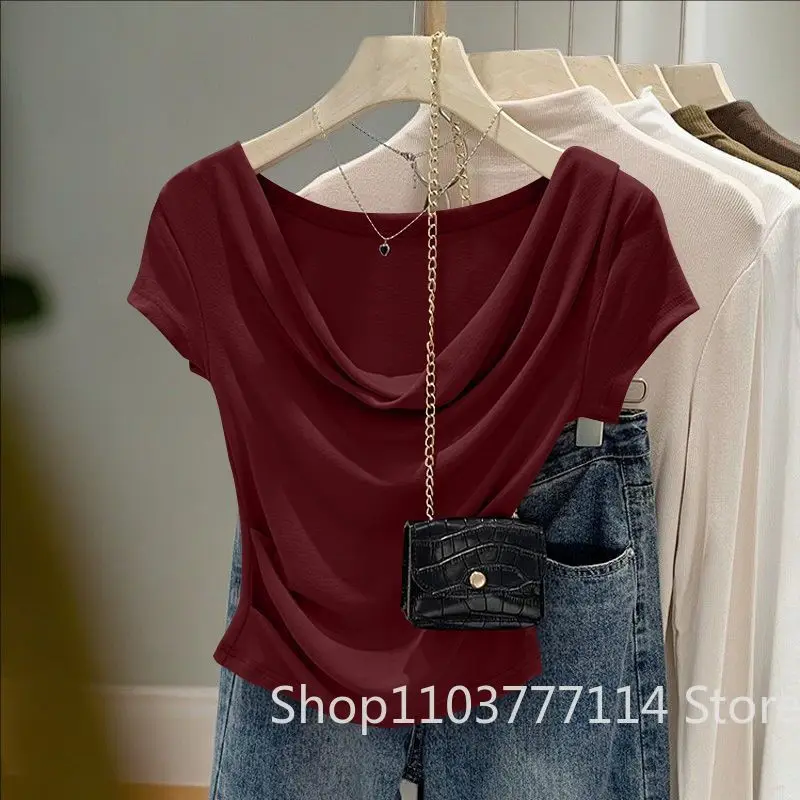 Neues Sommer-Damen-Design: Lässiges, einfarbiges Top mit schmaler Passform, unregelmäßigem Schnitt, vielseitigem Kurzarm-T-Shirt im koreanischen Nischen-Stil – Detail 1