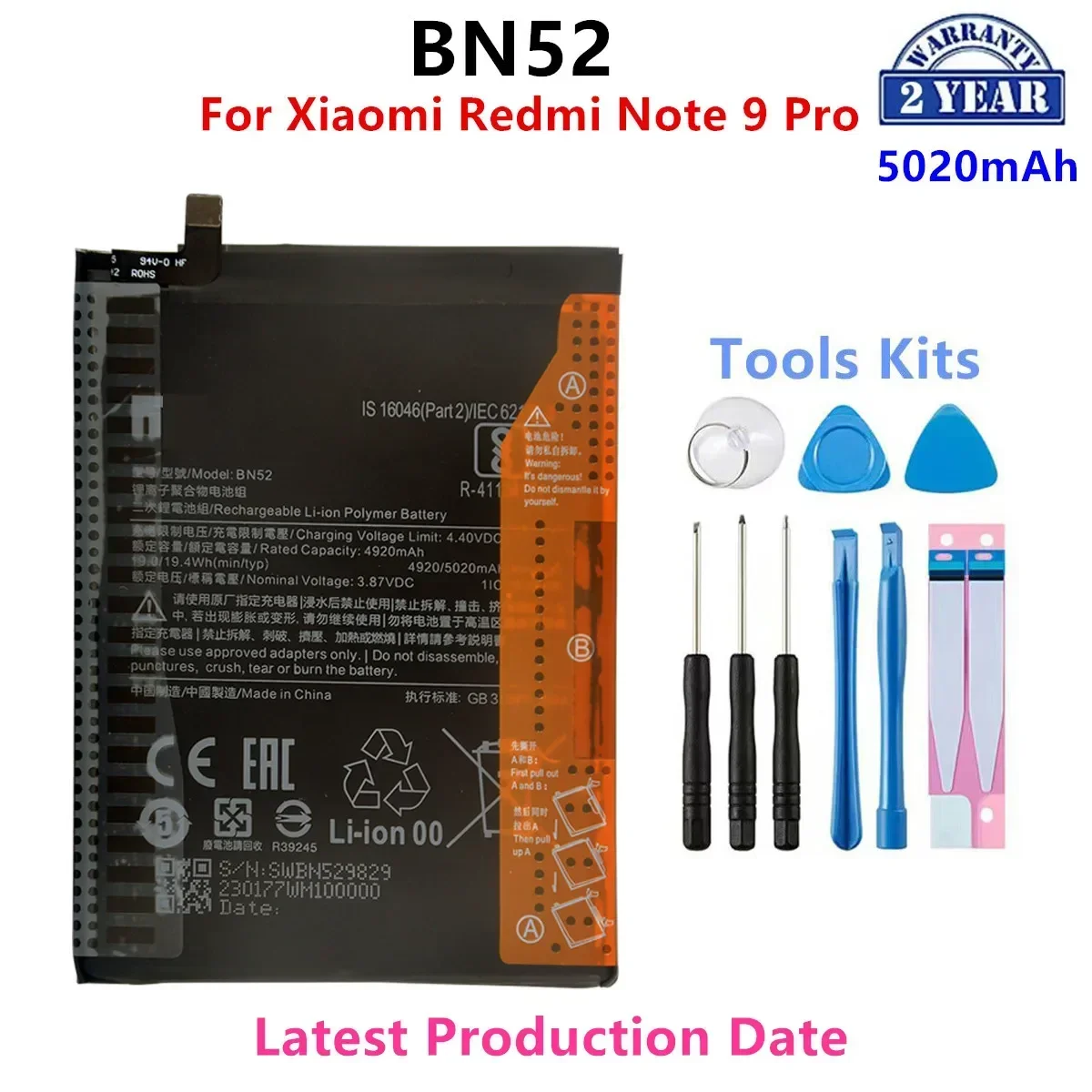 

Brand New BN52 5020mAh Battery For Xiaomi Redmi Note 9 Pro Phone Replacement Batteries+Tools