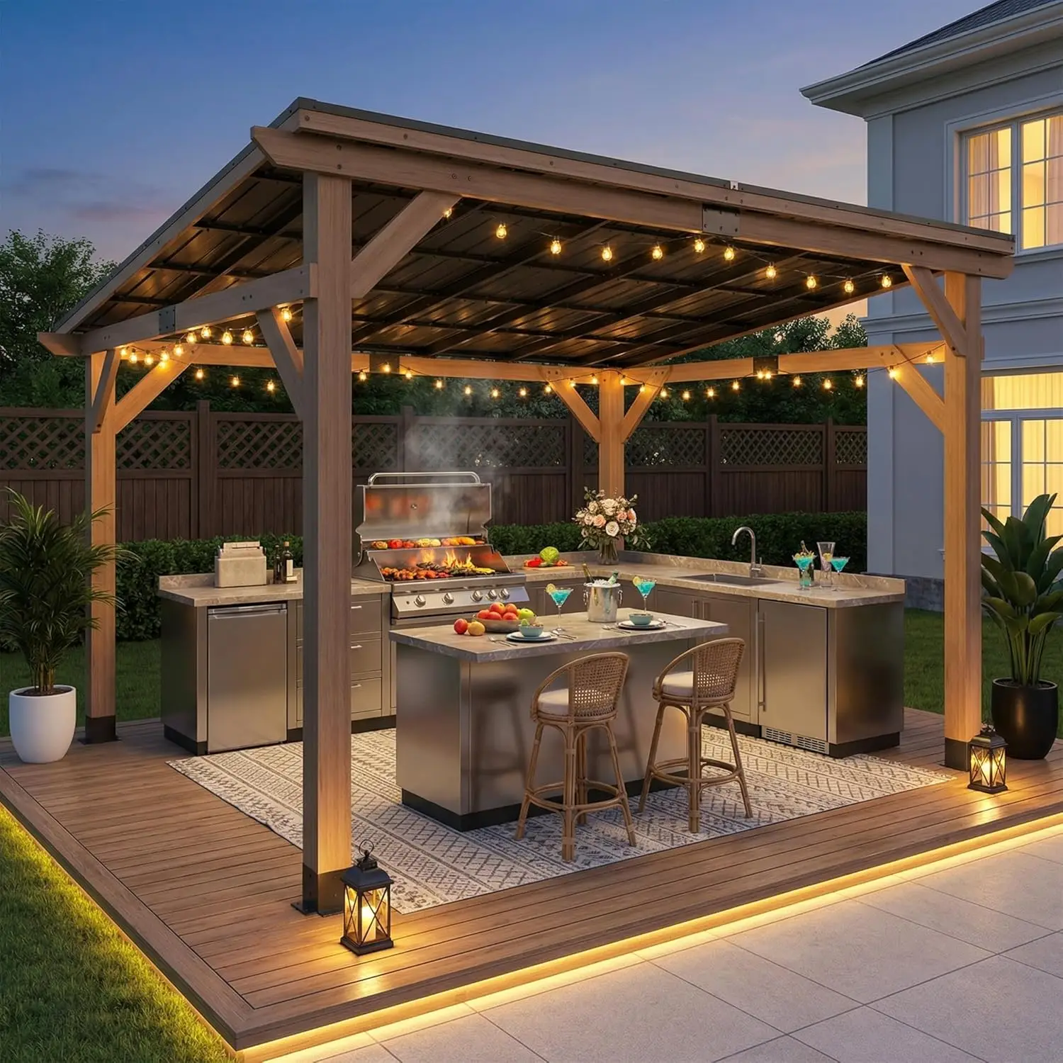 

Wood Grill Gazebos, BBQ Wooden Gazebo with Hardtop Sloping Steel Roof (Grey, 10 * 12), Custom