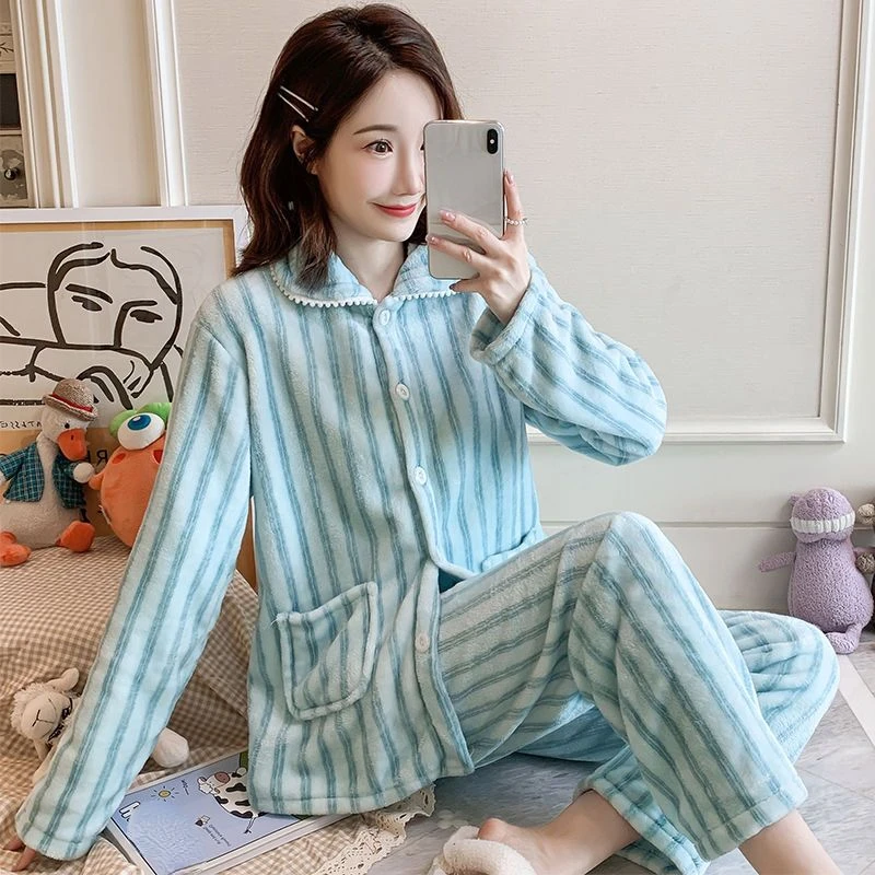 Autumn Winter Flannel Women\'s Pajamas Sets Cartoon Printed Sleepwear Warm Velvet Homewear Set Kawaii Girl Pijamas Mujer Pyjamas