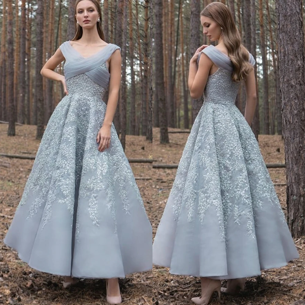 

Customized Exquisite Organza Appliques Evening Dress Elegant V-Neck Off the Shoulder Prom Dresses Luxury Special Occasion Gowns