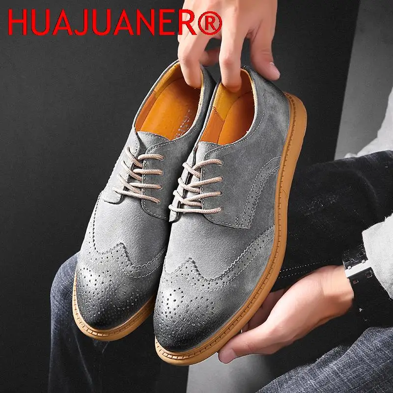 2026 Mens Shoes Suede Casual Leather Brogue Shoes Men Non-Slip Business Office Formal Oxford Leisure Walk Lace-up Derby Footwear