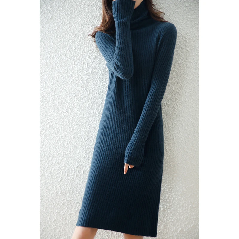 Women's pullover sweater, high neck wool sweater dress, solid color knitted slim fit, new product, 100% wool sweater Full sleeve