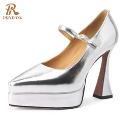 PRXDONG Women's Shoes 2024 New Sexy HIgh Heels Thick Platform Genuine Leather Spring Summer Mary Janes Dress Party Wedding Shoes