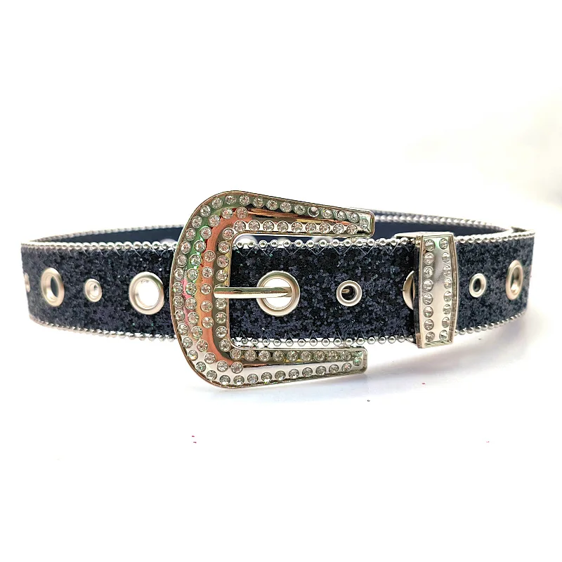Y2K Women Fashion Solid Print Studded Full Rhinestone Belt PU Leather Bling Crystal Adjustable Glitter Waistband for Club Party