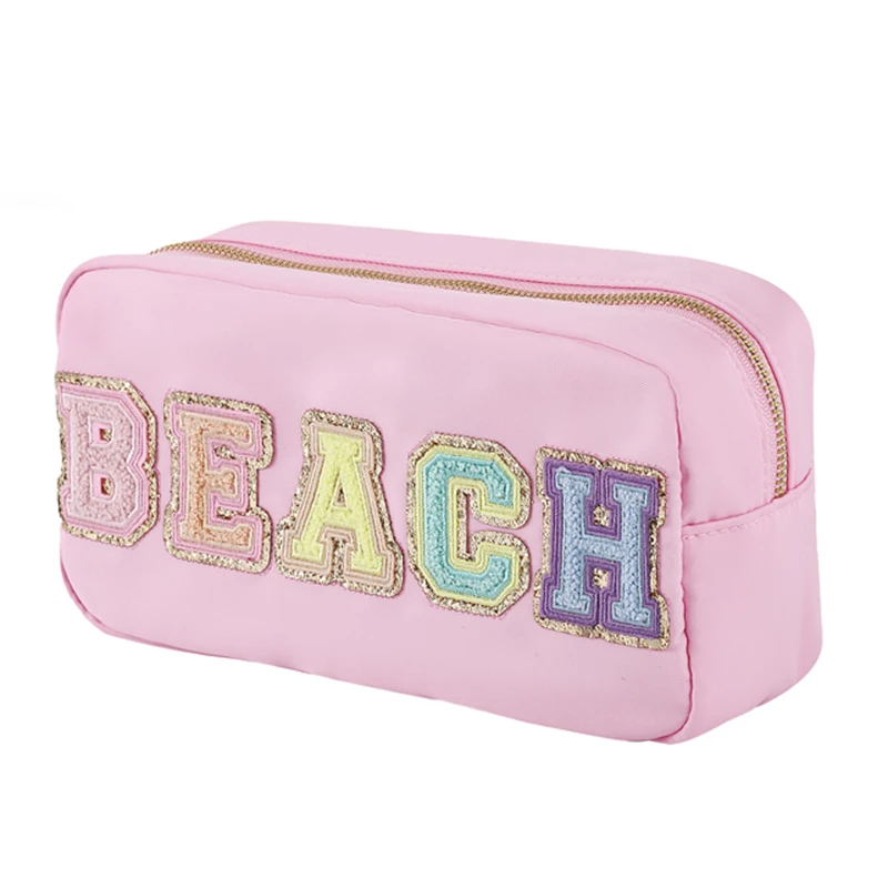 Preppy Nylon Cosmetic Bags Letter Patches Makeup Bag