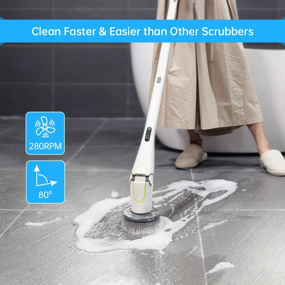 Electric Spin Scrubber, 360 Floor Scrubber Power Brush , 2 Speed HD LED Display, with 6 Replaceable Brush Heads