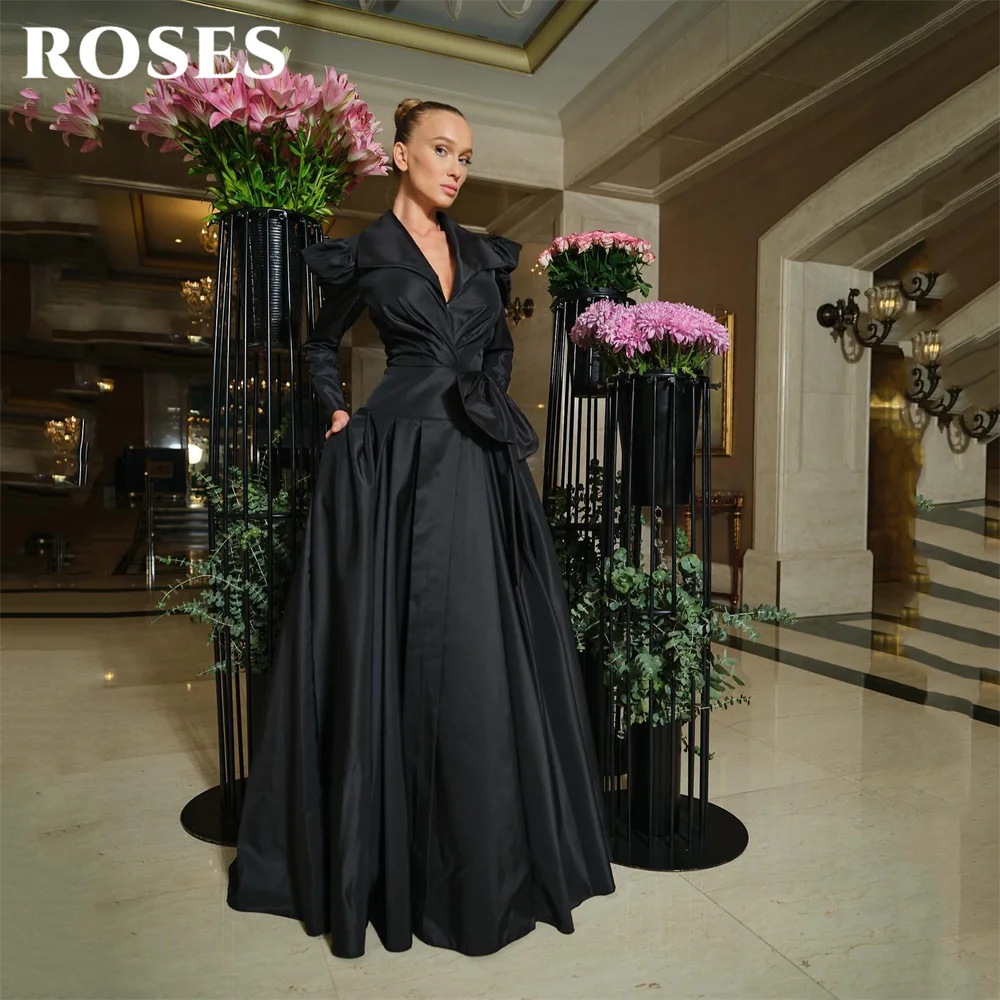 

ROSES Black Satin Evening Dress Deep V Neck Party Dress Long Sleeve A Line Prom Gown with Oversized Bow robes du soir Customized