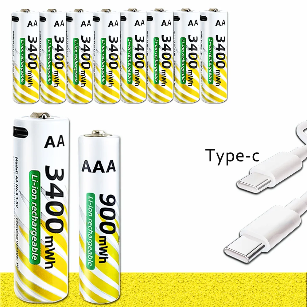 

1.5V AA 3400mWh + AAA 900mWh Rechargeable Lithium Battery Set with USB-C Fast Charging Type C Cable air transport