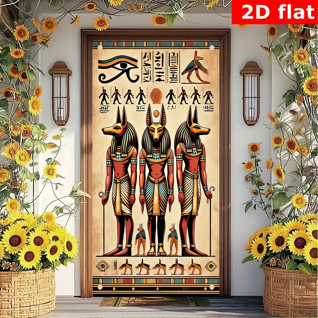Ancient Egyptian Anubis Door Banner Hieroglyphic Style Polyester Door Cover Wall Hanging for Home Entrance Living Room