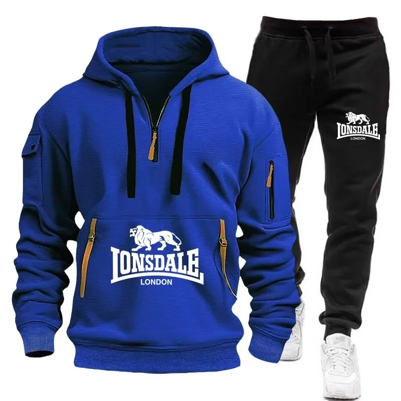 Sudadera de ocio para hombre, Sudadera con capucha y pantalones de chándal con múltiples bolsillos y cremallera, traje para correr deportivo de invierno de dos piezas, otoño e invierno, 2024