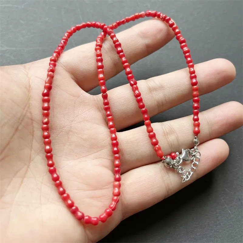 3*6MM Bamboo Bone Red Coral Natural Stone Jewelry Set Bead Necklace Earrings Bracelet Chain Choker Trendy Simple Design Party