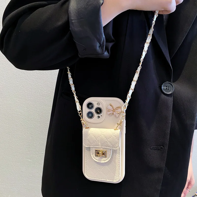 Fashion Chain Hanging Rope Butterfly Decorative Card Bag Phone Case Suitable For IPhone