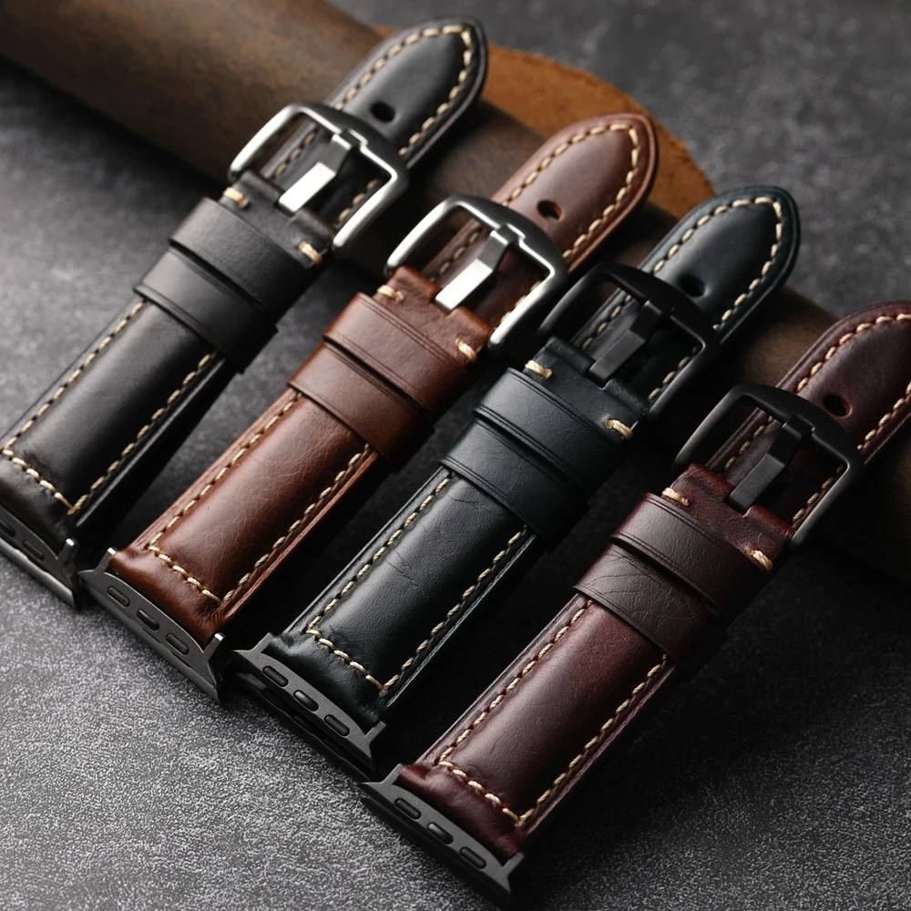 Handmade Oiled Wax Leather Strap For Iwatch9 Apple Watch Watchband S9 S8 Ultra2 Brown Soft 49MM 45 44 Men Brown Black Blue