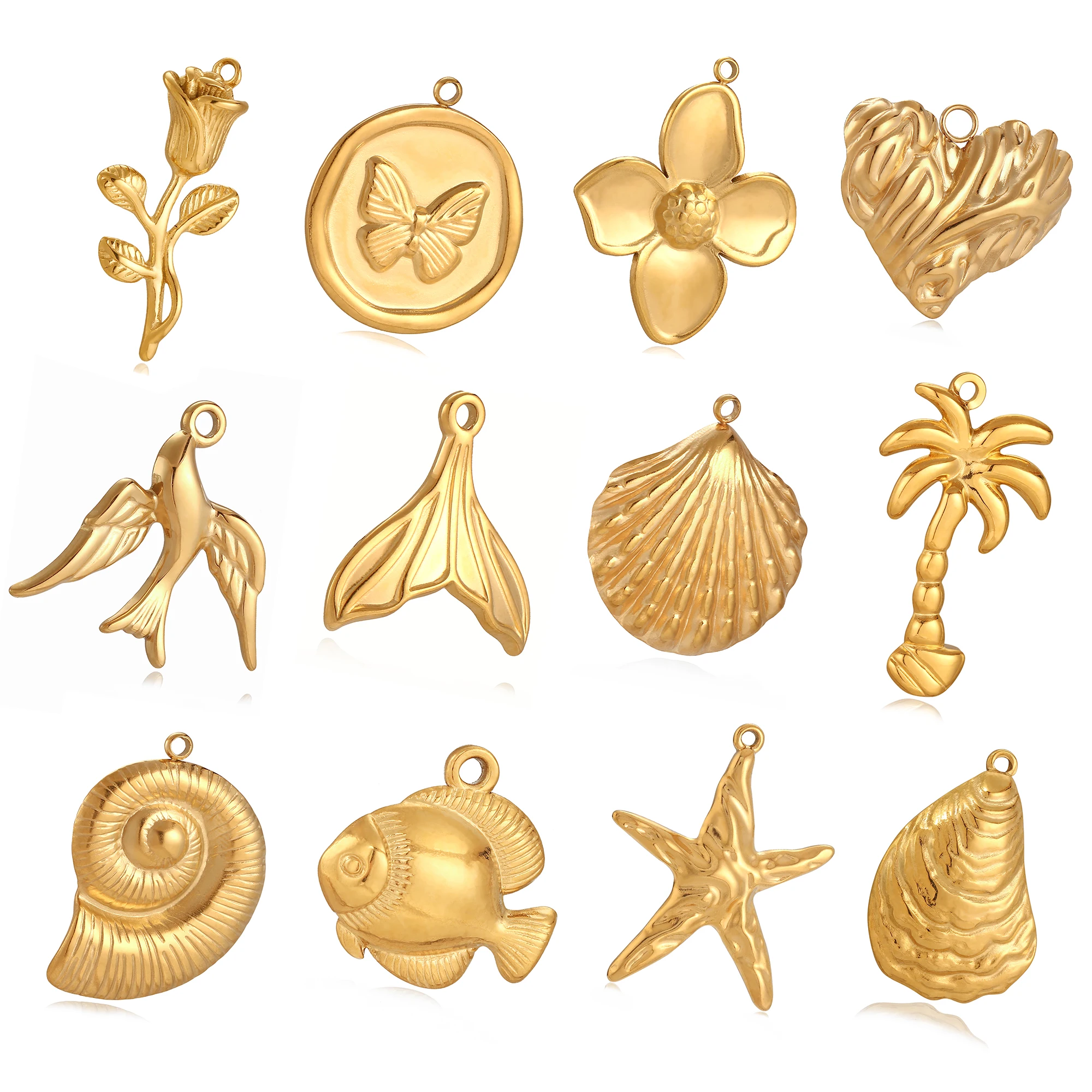 3Pcs Stainless Steel Fish Tail/Shell/Rose/Butterfly Charms Waterproof Gold Color Plated Marine Animal Pendant DIY Jewelry Making
