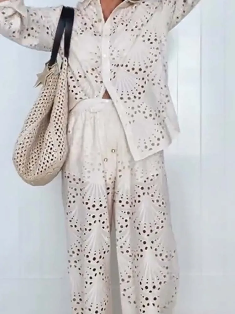 

Loose Vacation Long Pants Two Piece Sets Leisure Hollow Out Lapel Shirts+Pants Set Fashion New Solid Color Women's Commute Set