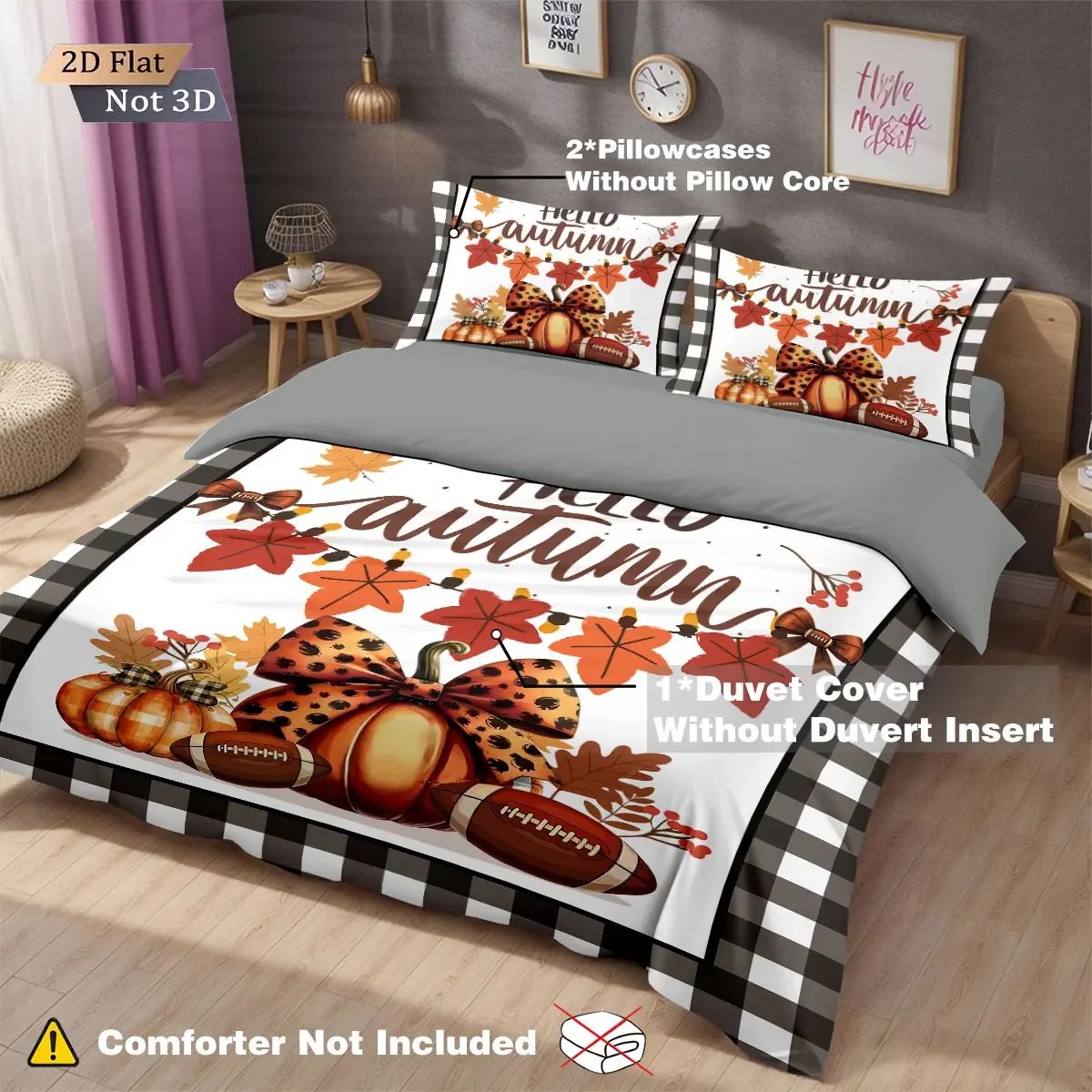 

3pcs Thanksgiving Autumn coreless Bedding Set Harvest Pumpkin Football Print Multi Size Bedding Cover Bedroom Machine Washable