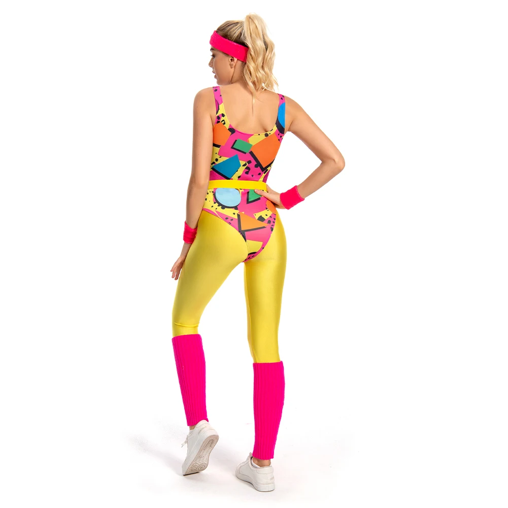 6Pcs/Set Women Retro 80s 90s Legging Cosplay Costume Women Sportwear Jumpsuit Headband Outfits Halloween Carnival Party Clothes