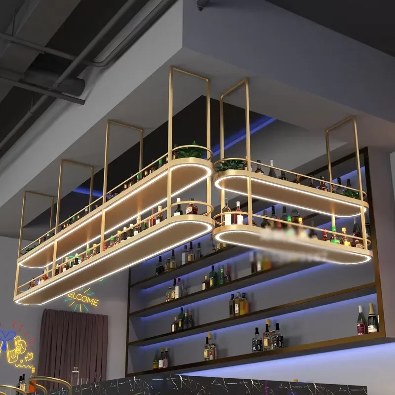 Wall Mounted Iron Storage Racks Bar Led Bottle Hanging Holder Modern Kitchen Display Wine Glass Rack Panel Design Home