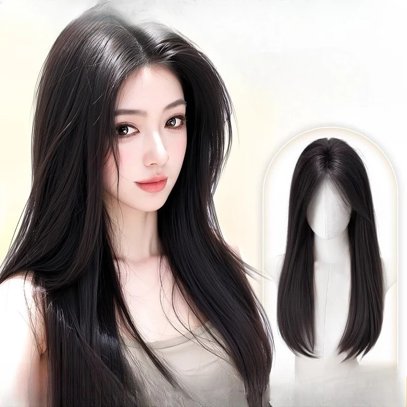 

Wig female piece top fluffy hair high cranial top wig black long straight daily wig headgear