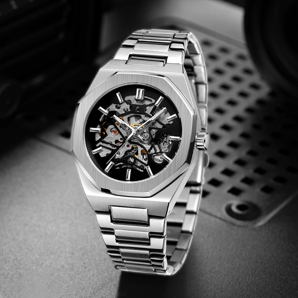 FORSINING Trendy Formal Business Men's Watches Skeleton Polygon Automatic Mechanical Watch Stainless Steel Casual Man Wristwatch