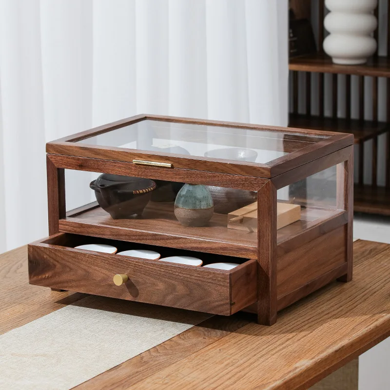 

Новый китайский прозрачный стеклянный шкаф для хранения, настольный ящик для хранения из черного ореха, массив дерева с выдвижным ящиком, витрина для хранения чая