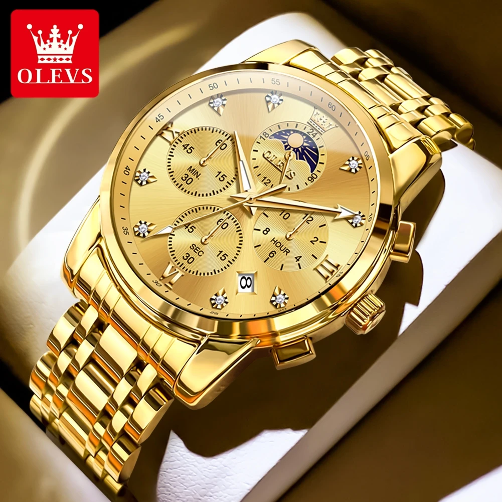 

Мужские наручные часы OLEVS 3655, роскошные, оригинальные, кварцевые, водонепроницаемые, с люминесцентным покрытием, с фазами луны, в стальном корпусе, в подарок мужчине.