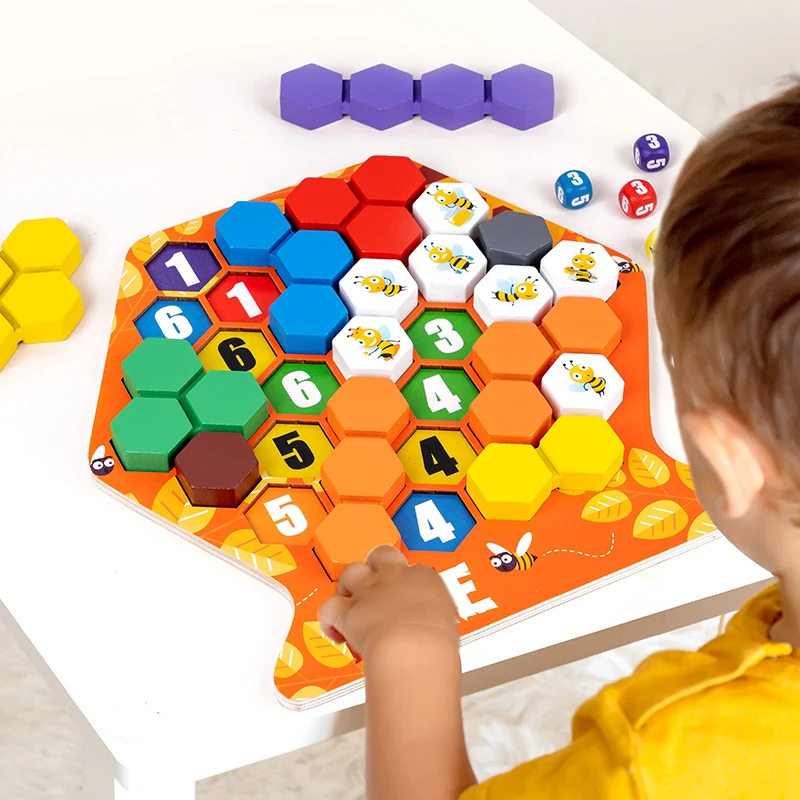 Toddler Fine Motor Skills Toys Building Honeycomb Games Montessori Wooden color scheme Building bee puzzles Hands-on skills