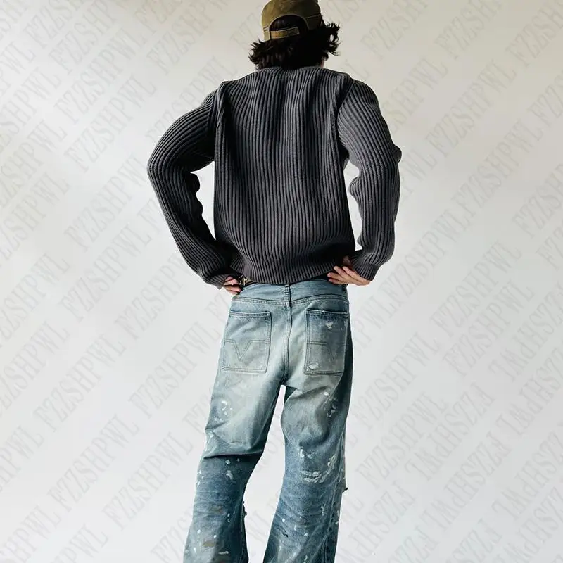 Y2kผู้ชายถักเสื้อกันหนาวสีทึบHip HopกราฟิกอเมริกันRetroเสื้อกันหนาวStreetwear Punk Pullover Grunge High Street Casual