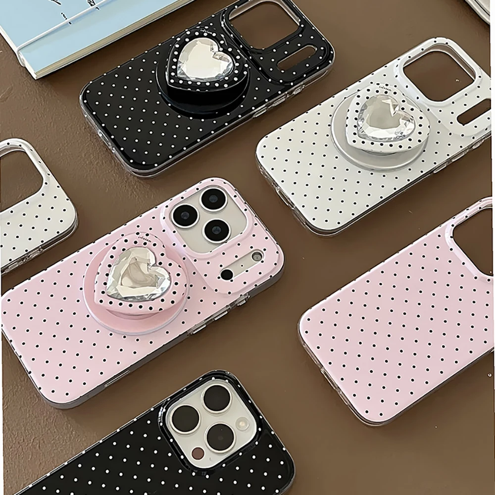 

3D Cute Heart Pink White Black Polka Dot Magnetic Wireless Charging Phone Case for iPhone 17 16 15 14 Pro Max For Magsafe Case