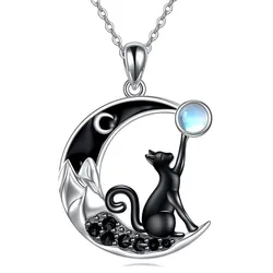 Creative Black Cat Crystal Moon Pendant Necklace For Women Cute Kitten Moonstone Choker Couple Y2K Jewelry Birthday Party Gift
