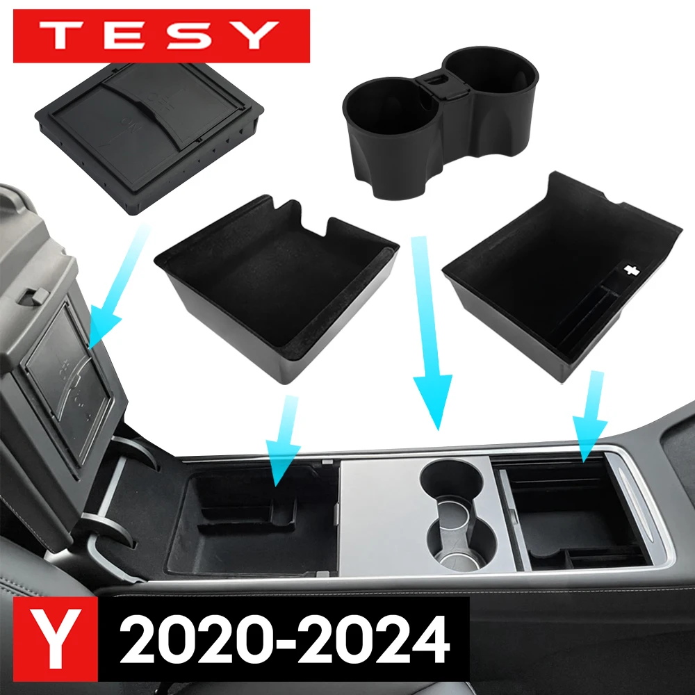 For Tesla Model Y 2020-2024 Hidden Storage Center Console Armrest Front and Rear Flocking Layered Grid Organized Container