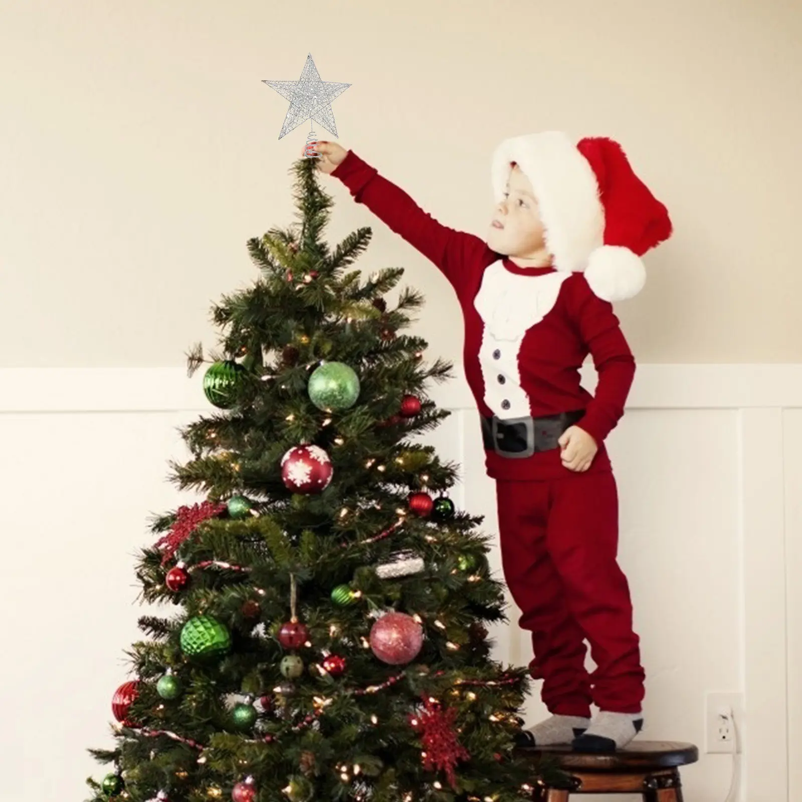 1Set Star Christmas Tree Topper Lighted Five-Pointed Xmas Tree Decoration Sparkly Bright Warm Glow Supplies Treetop Adornment