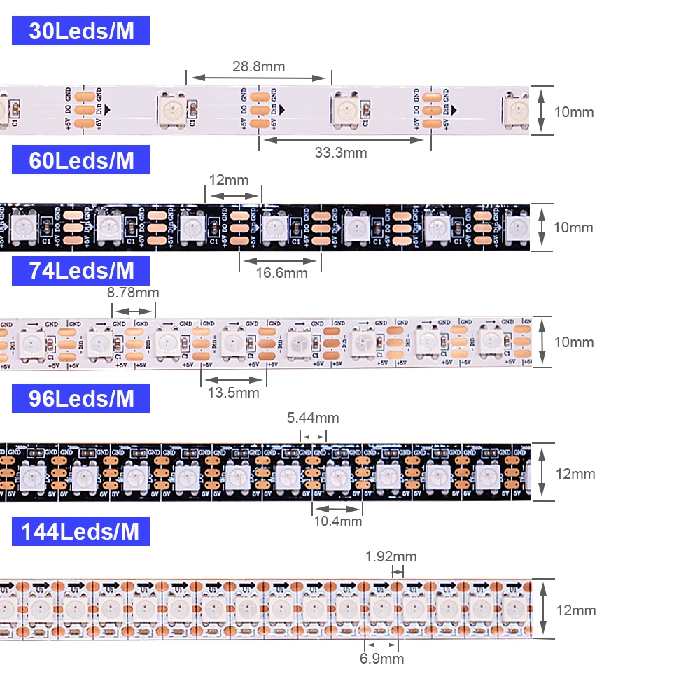 WS2812B Smart RGB LED Strip WS2812 Individually Addressable Led Lighting soft lamp 30/60/144Leds Black/White PCB IP30/65/67 DC5V