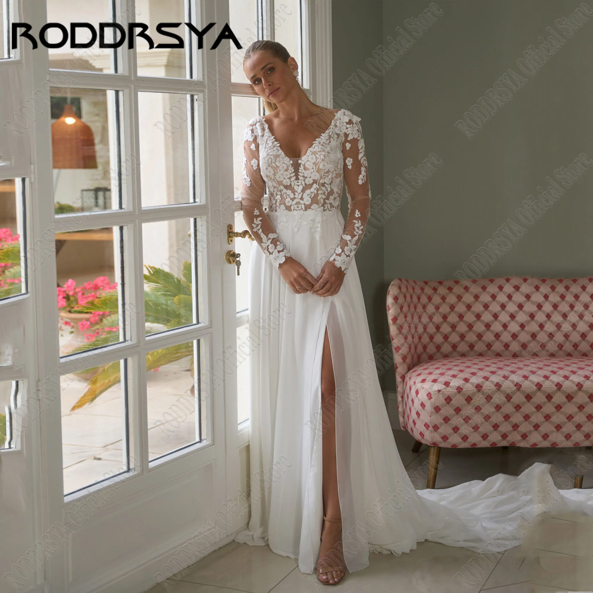 RODDRSYA Chiffon V-Neck Wedding Dress Long Sleeves Applique A-Line Civil Bride Gowns Backless Side Split Robe De Mariée Custom