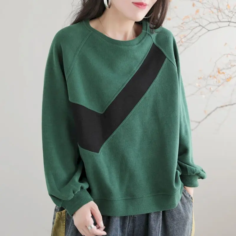 

98% Cotton Pullovers Women Patchwork Design Fashion Solid Color Pullover Casual Loose Long Sleeve Tshirt Sweatshirt Autumn Tops