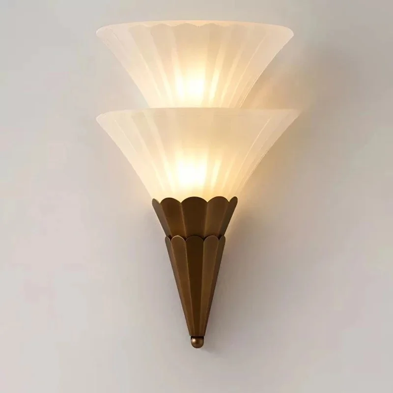 Vertical Vintage Flower Wall Fluted Frosted Glass Shade Brown Metal Base Wall Lamp For Living Room Background Corridor Decor