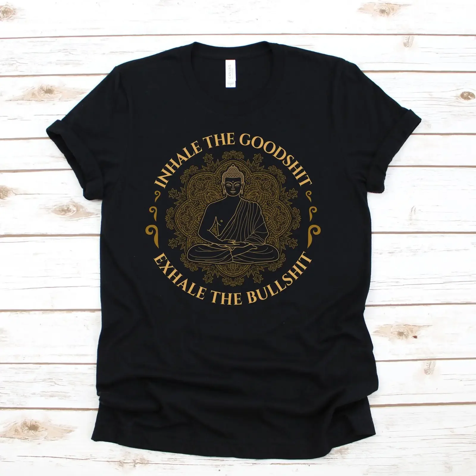 Funny Inhale Exhale Buddha Print Yoga T Shirt Meditation Namaste Casual Top for Lovers vintage Washed Unisex