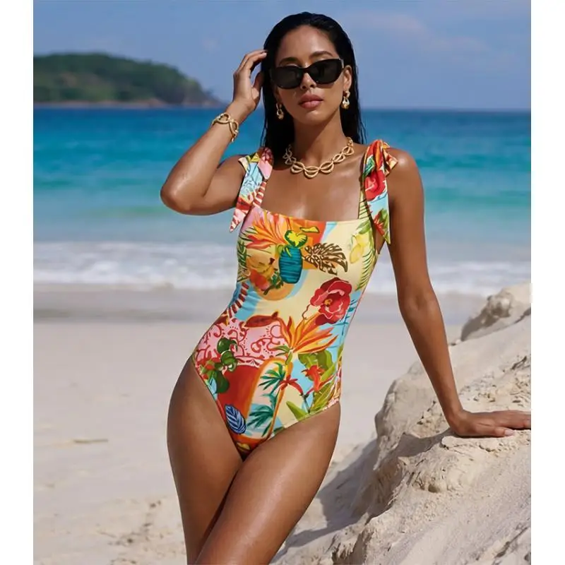 Flaxmaker Swimsuit Summer 2026 Women Adjustable Shoulder Straps Printed  Swimsuit And Skirt Femme Beachwear Biquini conjunto de
