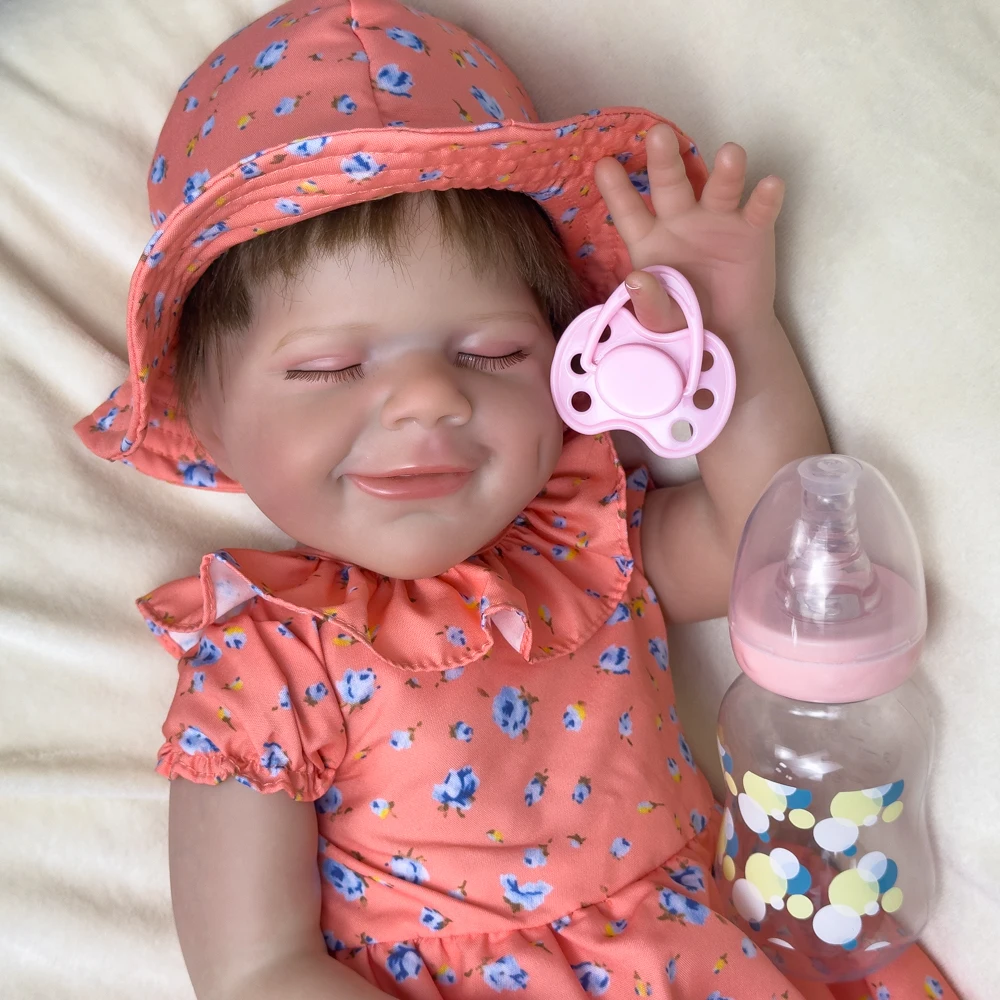 18-calowa winylowa lalka Reborn, edycja kolekcjonerska, uroczy pomarańczowy strój na co dzień, słodkie uśmiechnięte twarzyczko śpiące, ruchome stawy.