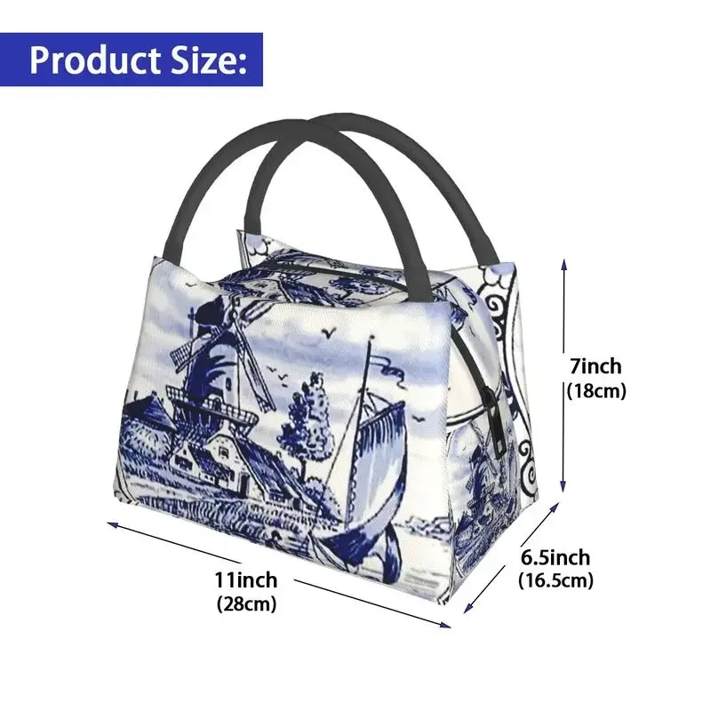 Vintage Windmill Poster In Dutch Blue Delft Insulated Lunch Bags for Work Office Waterproof Cooler Thermal Lunch Box Women