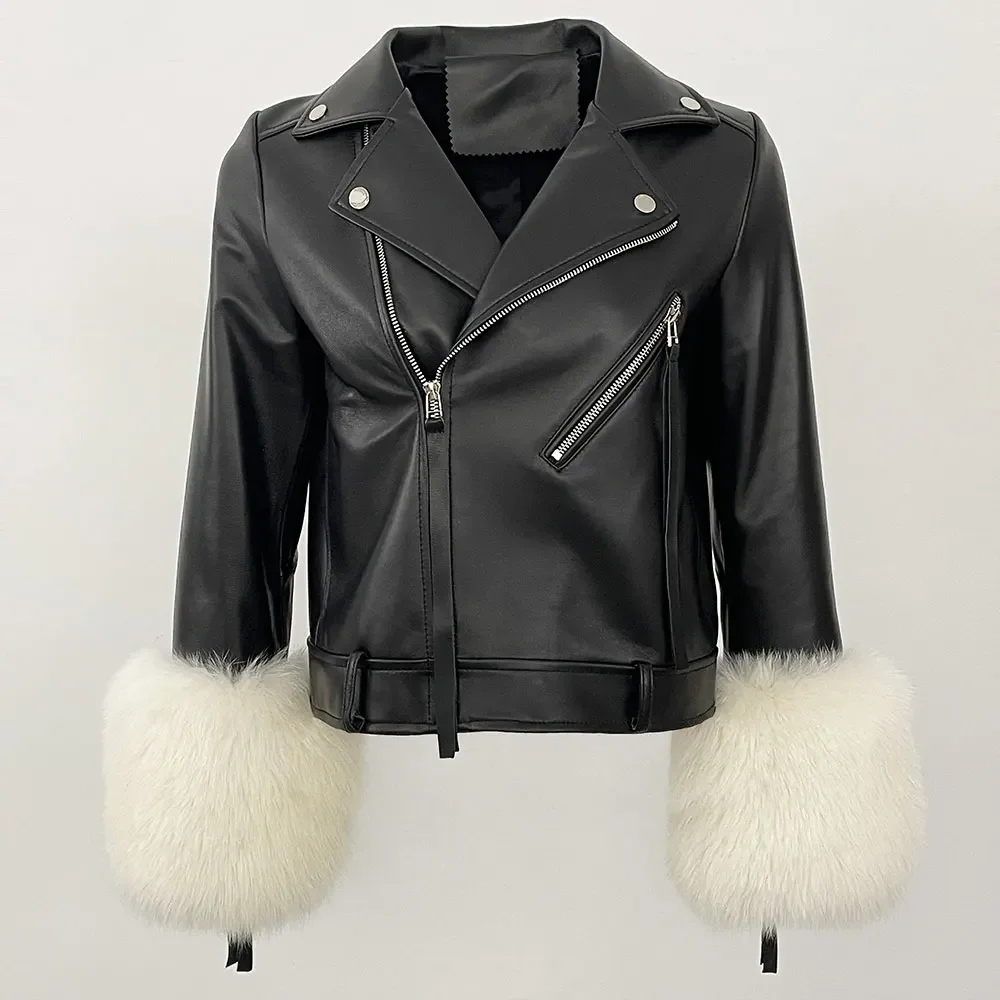 Women Real Sheepskin Bomber Jacket Real Fox Fur Cuff Leather Coat Lady premium casual coat Motorcycle Real Genuine Leather Coat