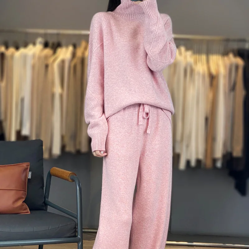 女性用ハイネックニットフード付きセーターセット,快適なワイドレッグパンツ,ウール100%,秋冬,2024